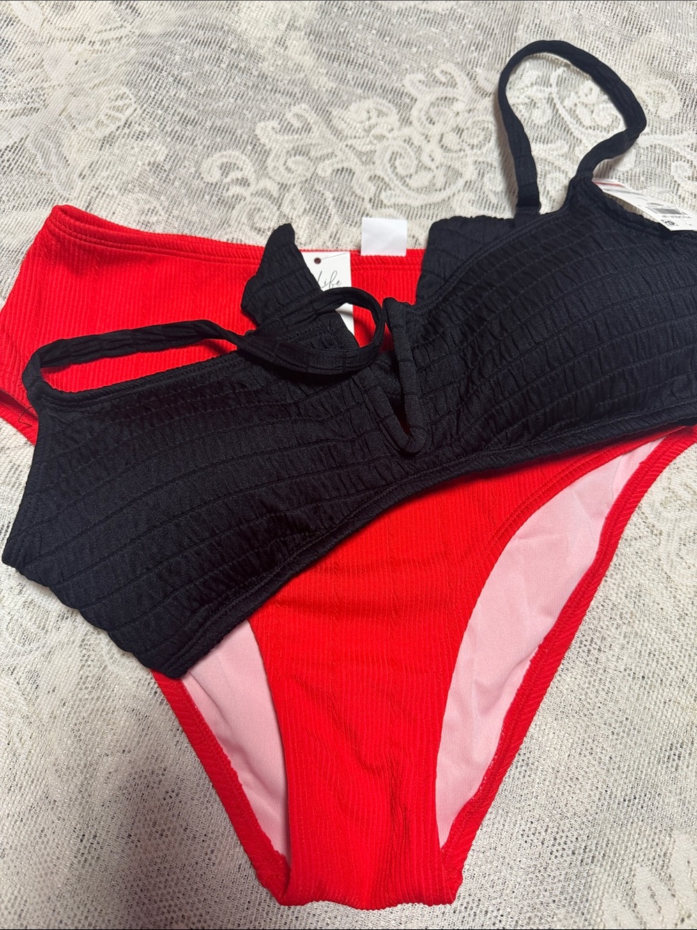 Bar III & Cushe NWT L Black Bikini Top & M NWT tomato Red High-Waist Bottoms